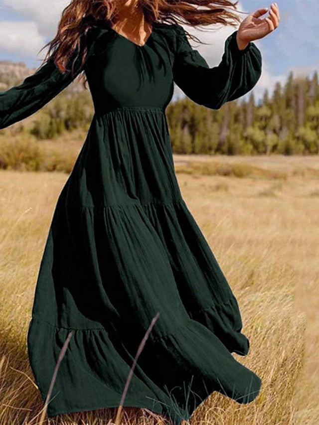 Women's Dress - Swing Dress Long Dress Maxi Dress Dark Green Brown Black Long Sleeve Pure Color Ruched Pleated Patchwork Fall Spring V Neck Boho Casual Fall Dress Lantern Sleeve Loose Fit M L XL XXL XXXL 4XL