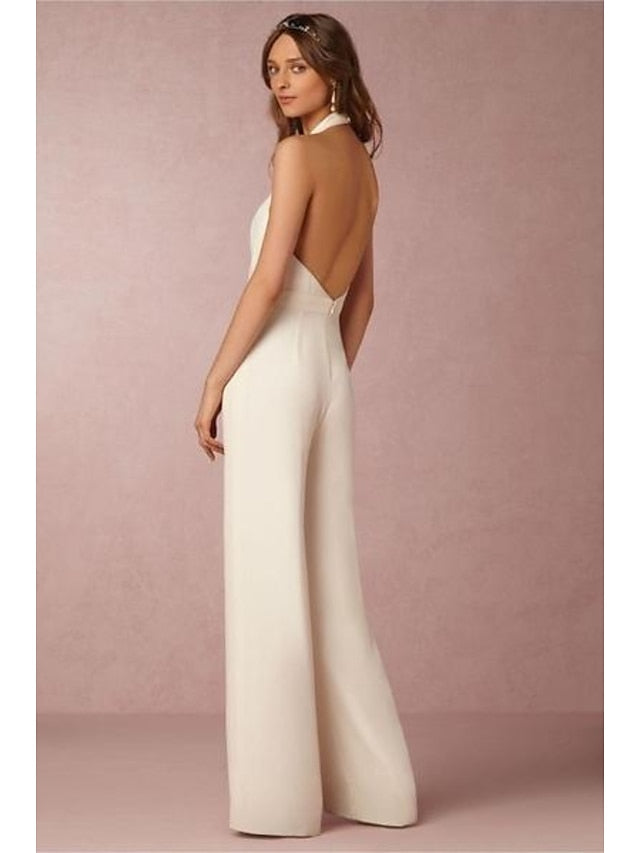 Jumpsuits for Women Sexy Neck Deep V Wide Leg Clean Fit Elegant Party Wedding Holiday Halter Green White Black Solid Color Backless Zipper - LuckyFash™