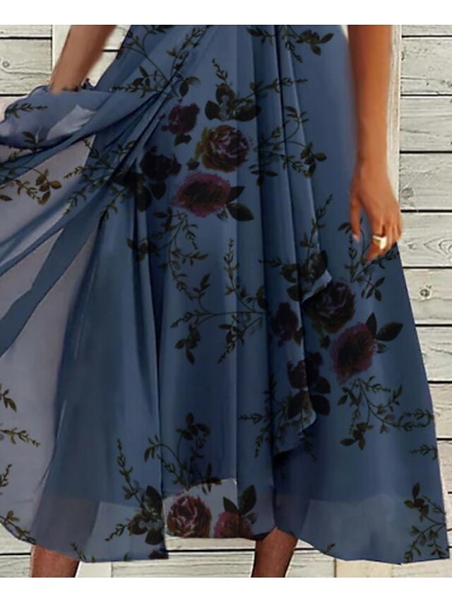 Women's Dress - Casual Dress Chiffon Dress Swing Dress Midi Dress Navy Blue Short Sleeve Floral Print Summer Spring V Neck Fashion Vacation 2023 S M L XL XXL 3XL