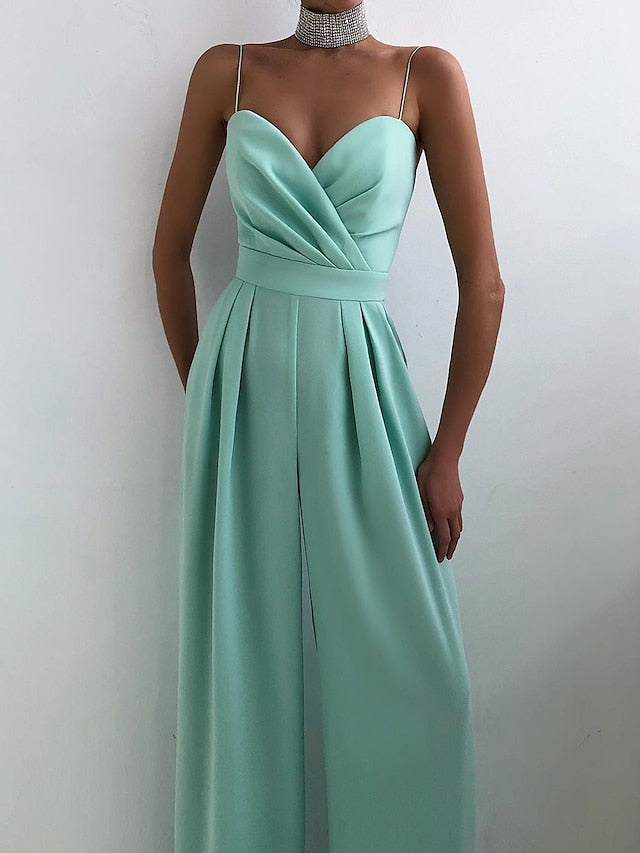 Women's Summer V Neck Spaghetti Straps Elegant Wedding Party Jumpsuit High Waist Wide Leg Pleated Long Pants Casual Rompers with Pockets - LuckyFash™