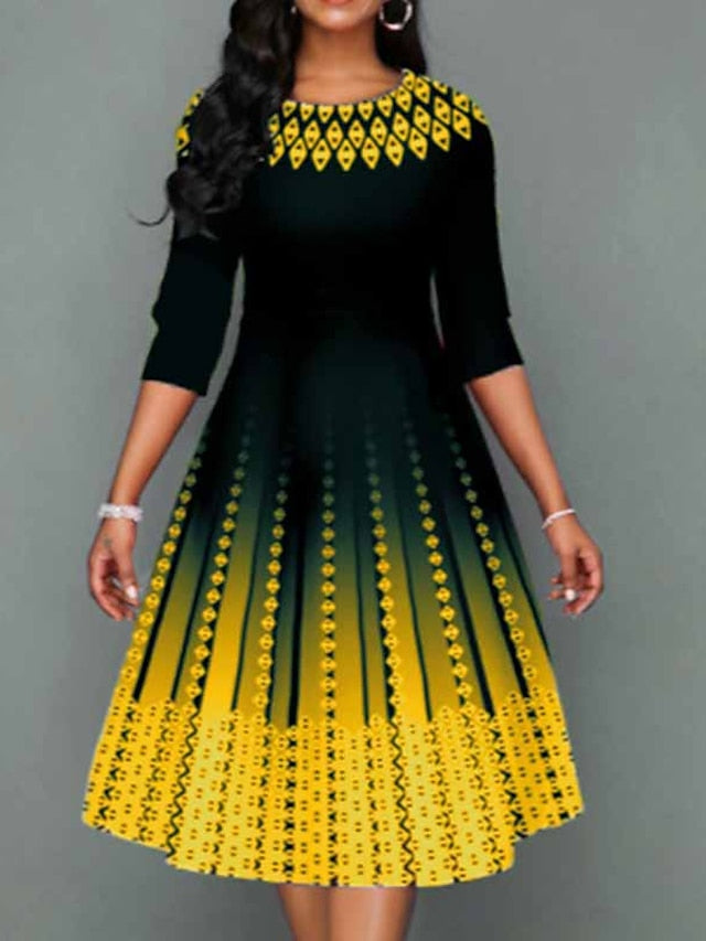 Women's Dress - Work Dress Swing Dress Church Dress Midi Dress Red Royal Blue Blue 3/4 Length Sleeve Print Print Summer Spring Crew Neck Elegant 2023 S M L XL XXL 3XL 4XL 5XL