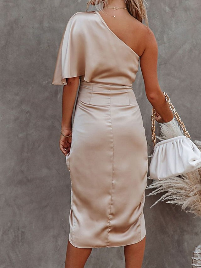 Women's Dress - Party Dress Wedding Guest Dress Midi Dress Black Gold Dark Blue Short Sleeve Solid Color Split Ruched Fall Spring One Shoulder Party Stylish 2023 S M L XL