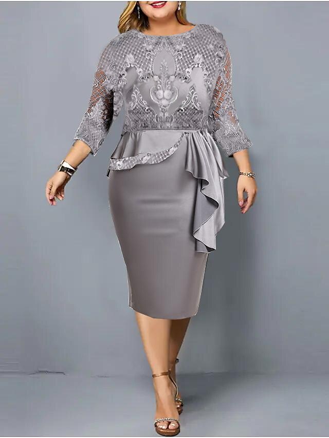 Women's Dress - Plus Size Party Dress Floral Crew Neck Lace 3/4 Length Sleeve Spring Fall Stylish Elegant Mature Midi Dress Formal Party Dress