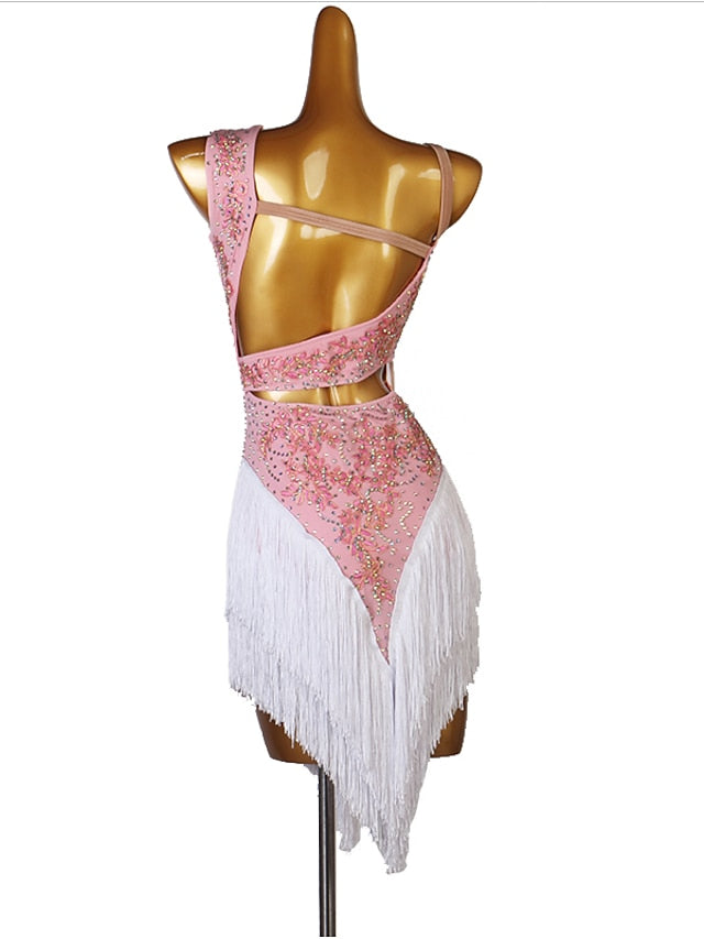Latin Dance Dress Tassel Split Joint Crystals / Competition Dress Rhinestones Women's Performance Sleeveless Chinlon - LuckyFash™