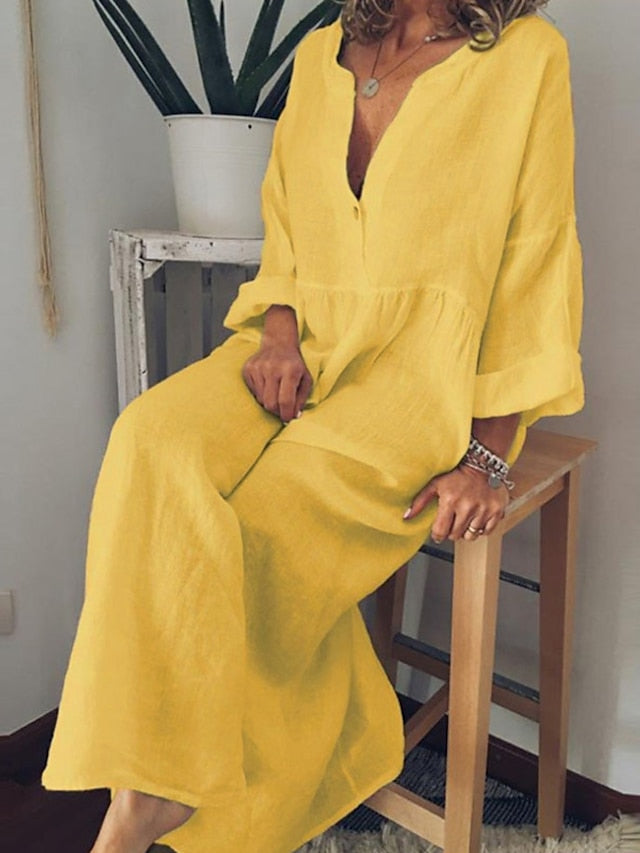 Women's Dress - Casual Dress Cotton Dress Shift Dress Maxi long Dress Cotton Casual Winter Dress Daily Holiday Split Neck Button Rolled Cuff Long Sleeve Spring Fall Winter 2023 Loose Fit Black White Yellow