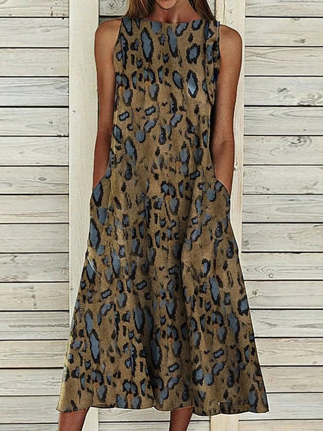 Women's Dress - A Line Dress Midi Dress Sleeveless Floral Pocket Cold Shoulder Print Spring Summer Round Neck Casual Vintage Going out 2023 S M L XL XXL Cotton