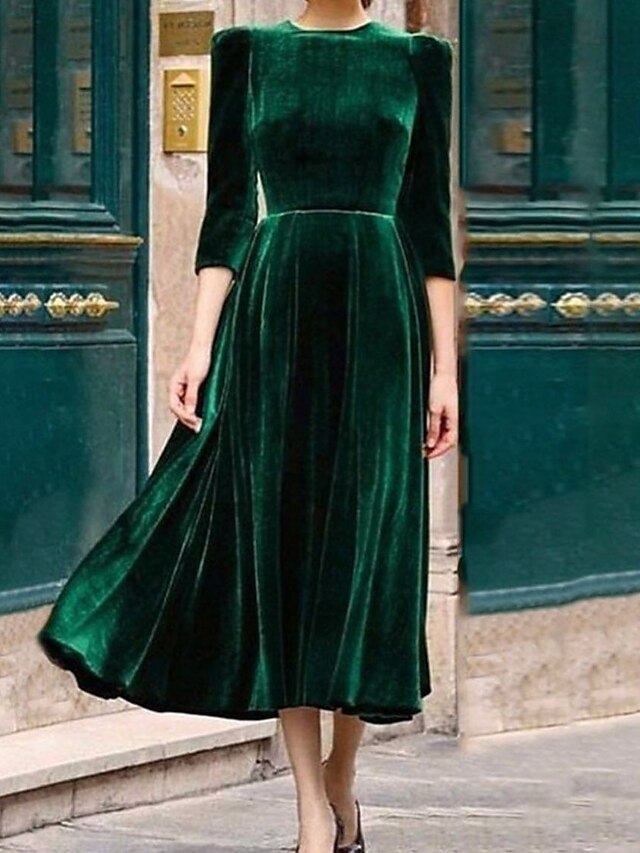 Women's Dress - Semi Formal Party Dress Velvet Dress Green Swing Dress Midi Dress Green 3/4 Length Sleeve Pure Color Velvet Fall Winter Crew Neck Modern 2023 S M L XL 2XL 3XL