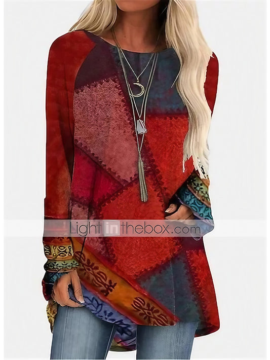 Women's Dress - T Shirt Dress Tee Dress Mini Dress Red Blue Green Long Sleeve Color Block Print Fall Spring Crew Neck Casual Winter Dress Fall Dress Loose Fit 2023 S M L XL 2XL 3XL