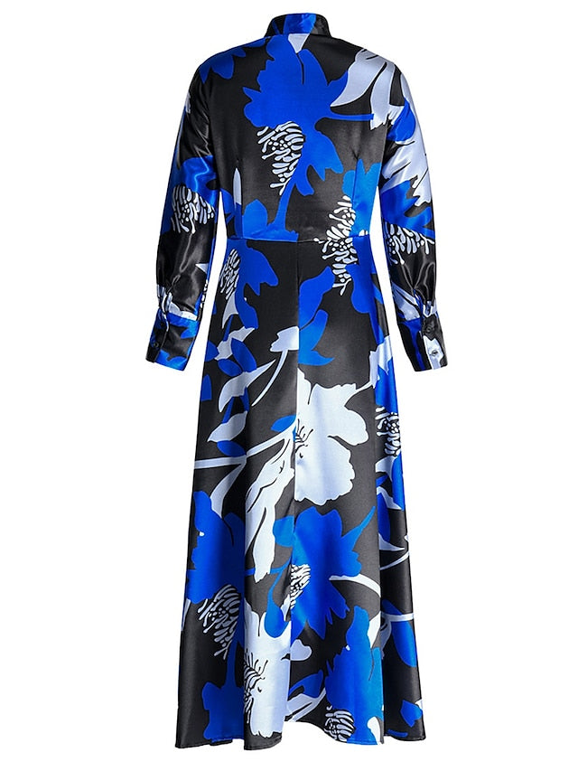 Women's Dress - Shirt Dress Work Dress A Line Dress Long Dress Maxi Dress Red Blue Fuchsia Long Sleeve Floral Print Spring Shirt Collar Elegant Summer Dress Spring Dress 2022 M L XL XXL
