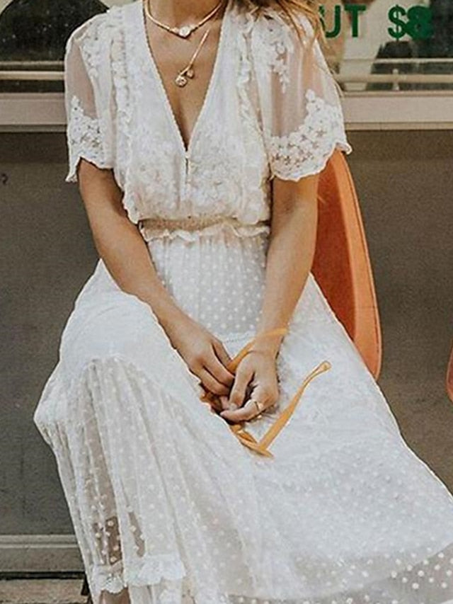 Women's Dress - Party Dress Lace Dress Swing Dress Long Dress Maxi Dress White Short Sleeve Pure Color Lace Summer Spring V Neck Elegant 2023 S M L XL XXL 3XL