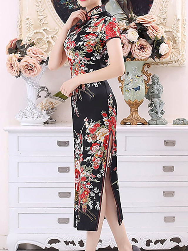 Women's Dress - Cheongsam Floral Mandarin Collar Chinoiserie Dress Long Dress Maxi Dress Light Pink Black Blue Short Sleeve Spring Summer Weekend S M L XL XXL 3XL 4XL 5XL 6XL