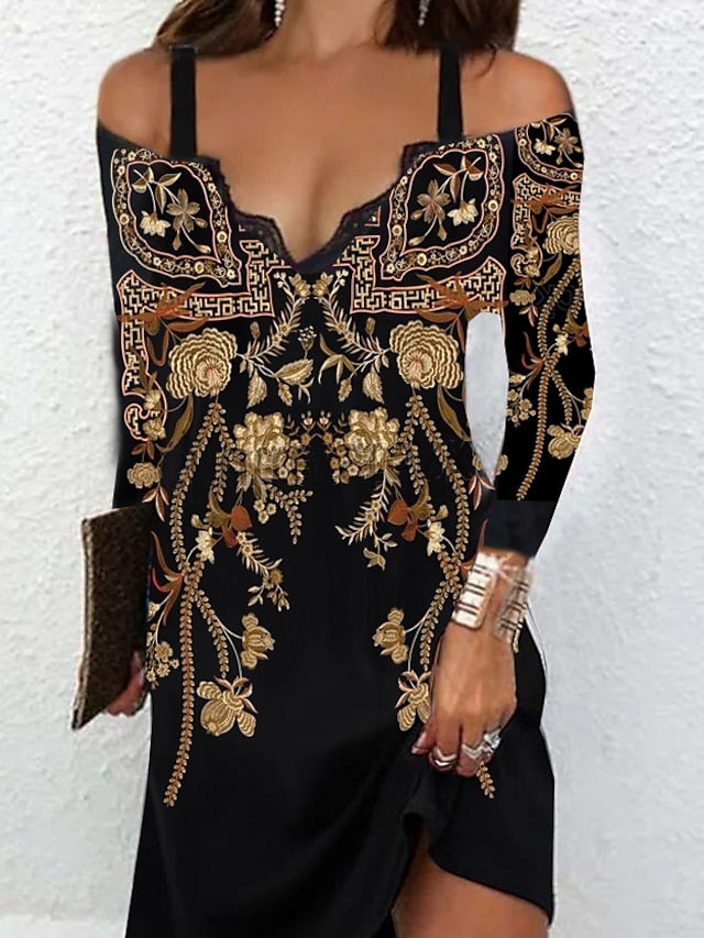 Women's Dress - Ethnic Dress Sheath Dress Mini Dress Black Long Sleeve Floral Cold Shoulder Summer Spring V Neck Hot Winter Dress Fall Dress 2023 S M L XL XXL 3XL