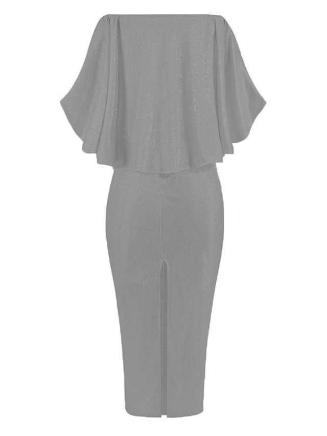Women's Dress - Formal Party Dress Cocktail Dress Long Dress Maxi Dress Silver Black Champagne Half Sleeve Pure Color Cold Shoulder Winter Fall Spring Off Shoulder Mature Evening Party Wedding