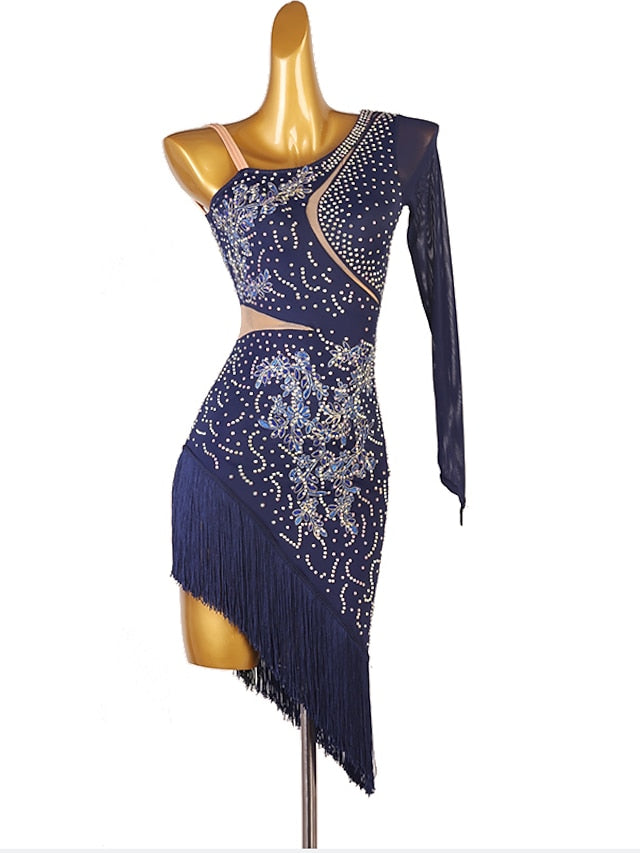 Latin Dance Dress Tassel Split Joint Crystals / Rhinestones Women's Performance Training Long Sleeve Chinlon Mesh - LuckyFash™