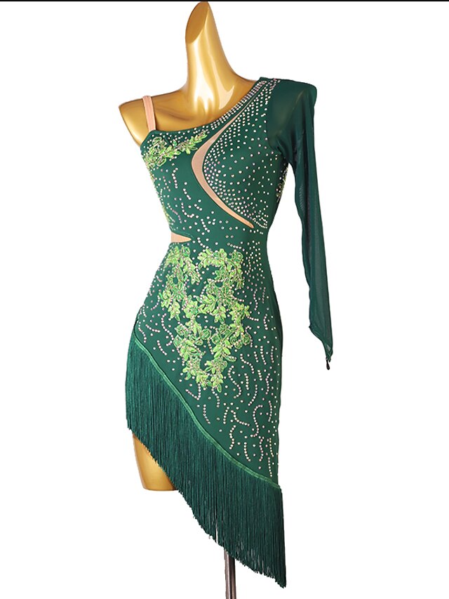 Latin Dance Dress Tassel Split Joint Crystals / Rhinestones Women's Performance Training Long Sleeve Chinlon Mesh - LuckyFash™