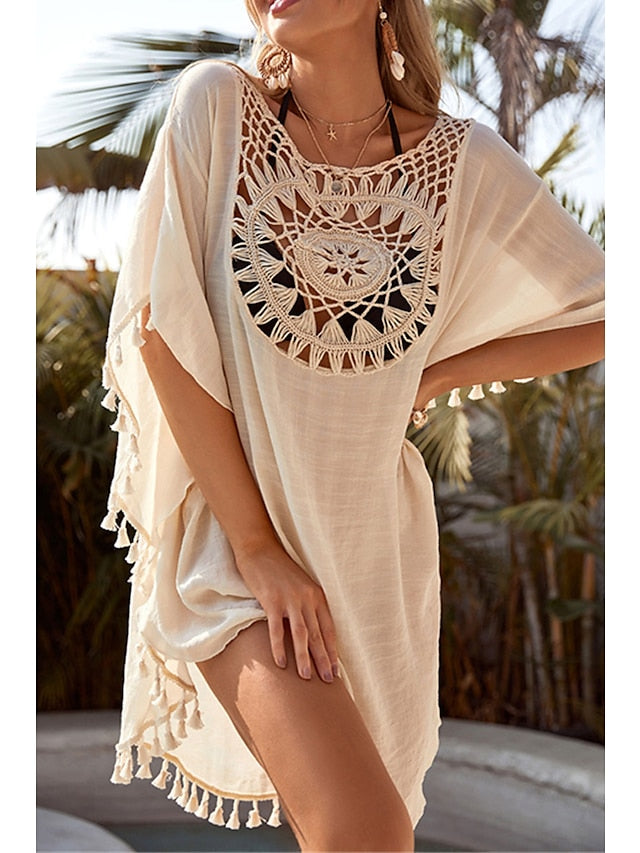 Women's Dress - Swimwear Cover Up Beach Dress Normal Swimsuit UV Protection Tassel Printing Hole Pure Color Black Beige White Scoop Neck Bathing Suits New Vacation Daily
