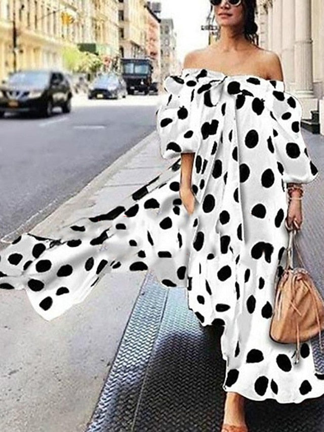 Women's Dress - Casual Dress Swing Dress Long Dress Maxi Dress Black Red Brown Sleeveless Polka Dot Print Fall Autumn Off Shoulder Loose Fit 2023 S M L XL XXL XXXL 4XL 5XL