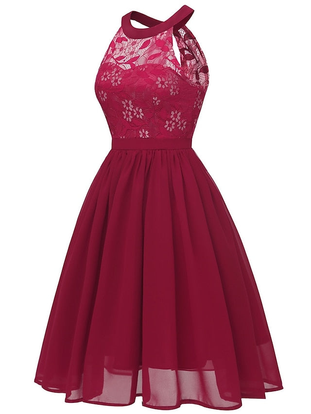 Women's Dress - Party Dress Wedding Guest Lace Dress A Line Dress Midi Dress Pink Wine Navy Blue Sleeveless Pure Color Lace Summer Spring Halter Party Slim 2023 S M L XL XXL