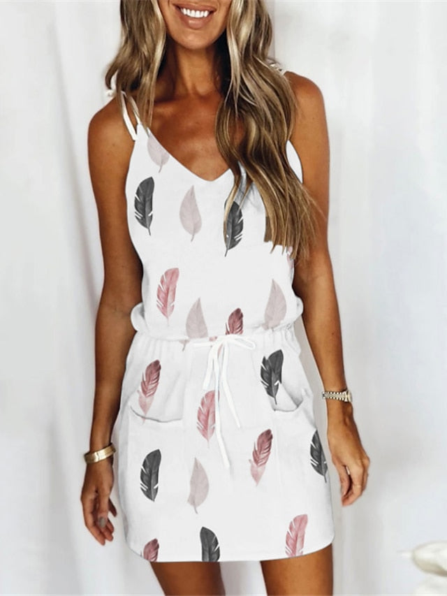Women's Dress - Strap Dress Mini Dress Black White Sleeveless Print Lace up Spring Summer V Neck Casual 2023 S M L XL XXL
