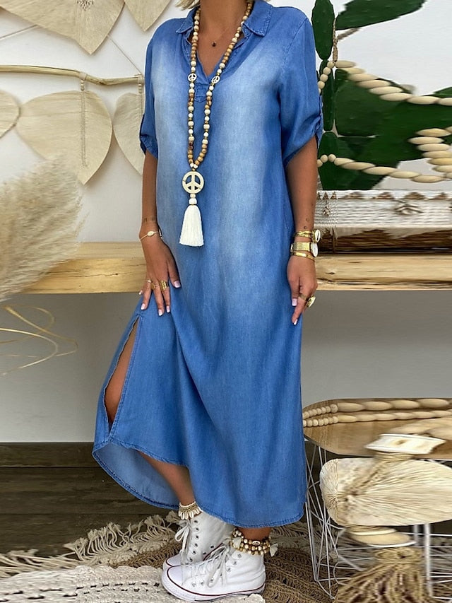 Women's Dress - Denim Dress Maxi long Dress Denim Stylish Casual Daily Holiday V Neck Split Half Sleeve Summer Spring 2022 Loose Fit Blue Pure Color M L XL XXL