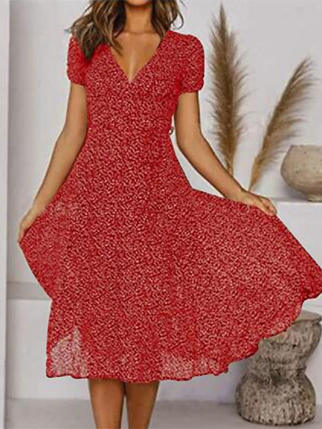 Women's Dress - Casual Dress Swing Dress Floral Dress Midi Dress Black Wine Red Short Sleeve Ditsy Floral Print Summer Spring V Neck Fashion Vacation Loose Fit 2023 S M L XL XXL 3XL