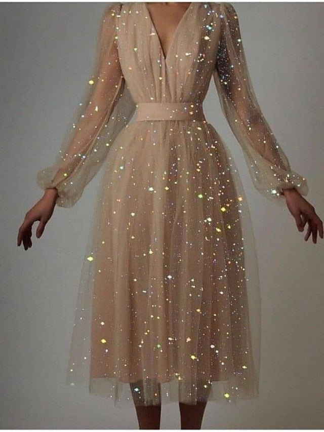 Women's Dress - Party Dress Wedding Guest Swing Dress Midi Dress Pink Short Sleeve Pure Color Sequins Mesh Spring Fall V Neck Hot Elegant Romantic Party 2023 S M L XL