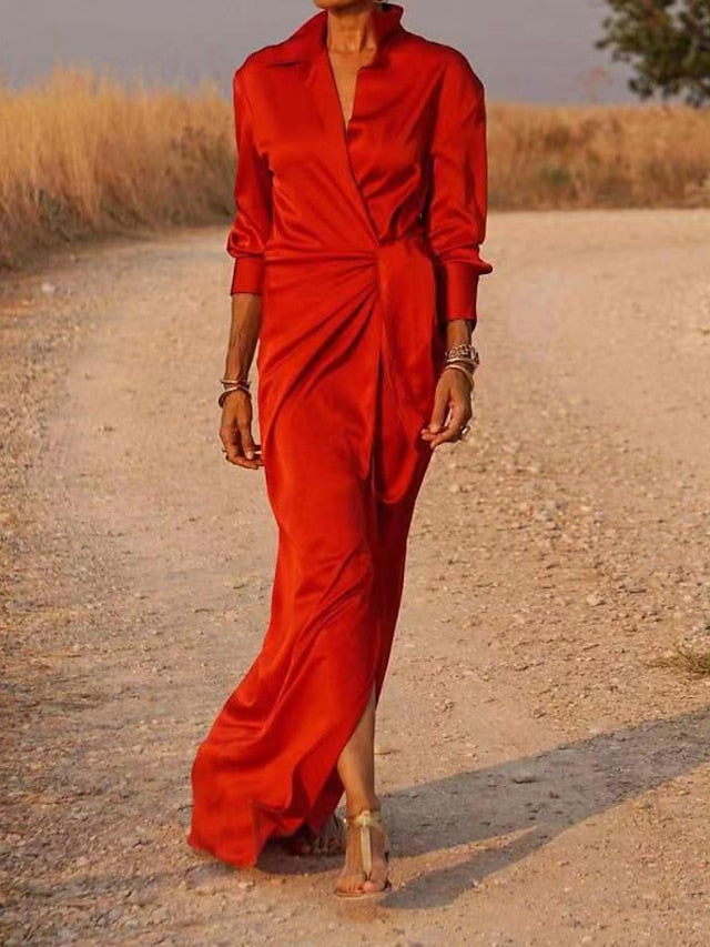 Women's Dress - Shirt Dress Party Dress Shift Dress Long Dress Maxi Dress Black Red Blue Long Sleeve Pure Color Lace up Summer Spring V Neck Elegant Party Winter Dress Evening Party 2023 S M L XL XXL