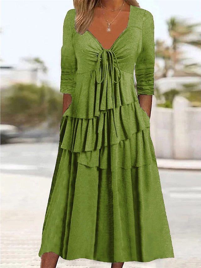 Women's Dress - Casual Dress Summer Dress Loose Dress Plain Ruched Twist V Neck Midi Dress Fashion Basic Outdoor Daily Long Sleeve Loose Fit Light Green Pink Wine Summer Spring S M L XL XXL