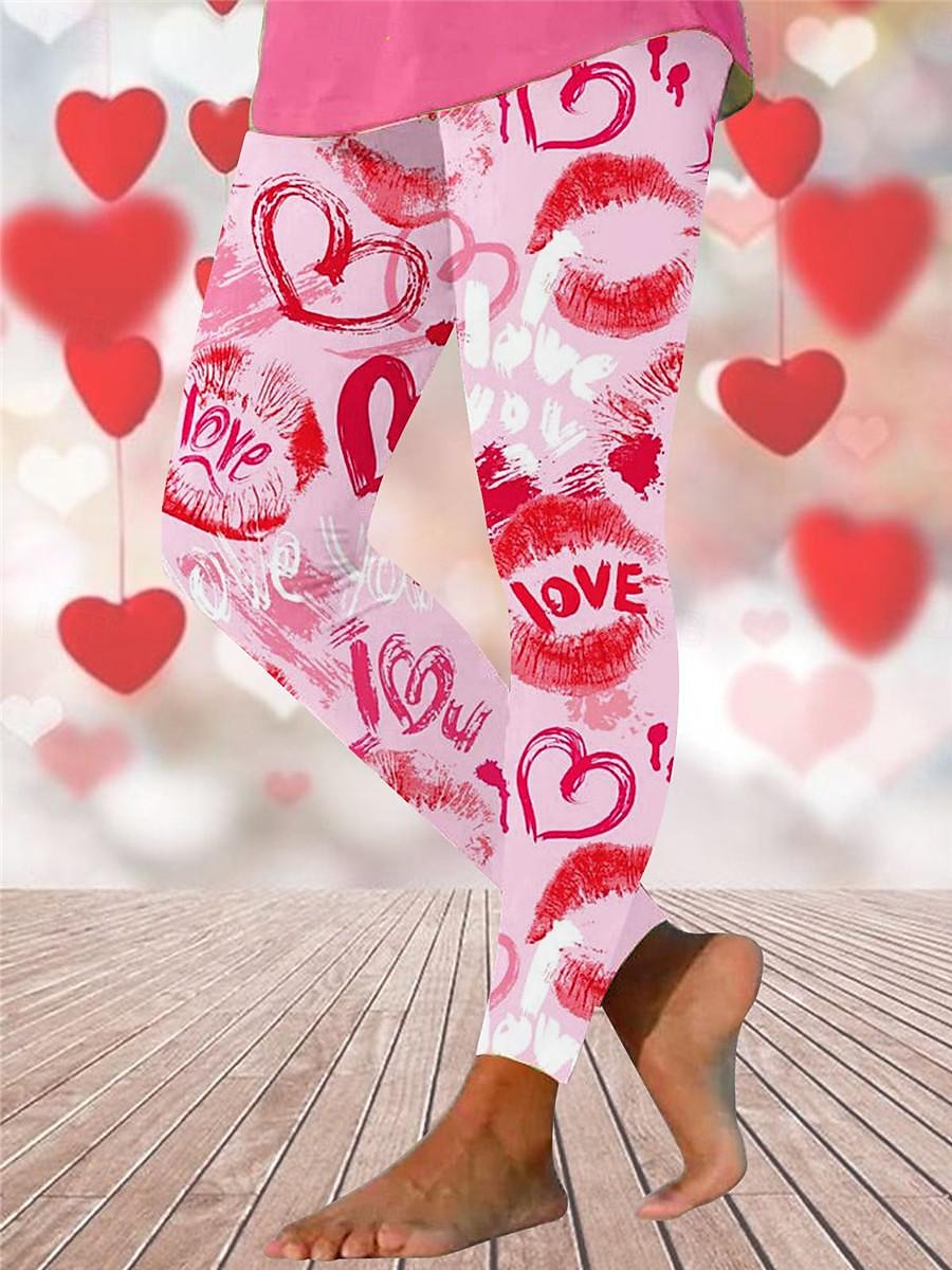Women's Leggings Polyester Heart Black Pink Active High Waist Long Valentine's Day Festival Spring