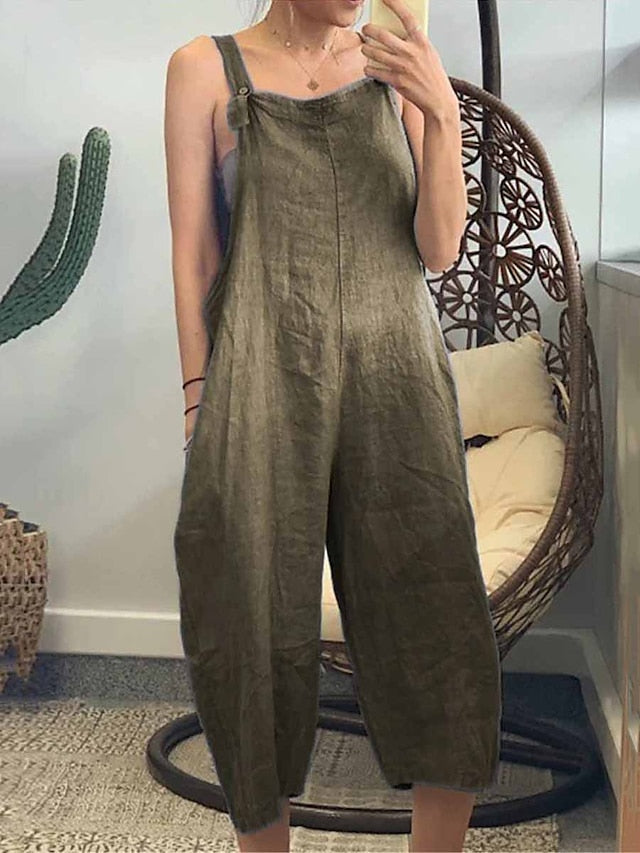 Denim Jumpsuit for Women Overall Pocket Solid Color Square Neck Streetwear Daily Vacation Regular Fit Sleeveless Black Army Green Navy Blue S M L Summer - LuckyFash™