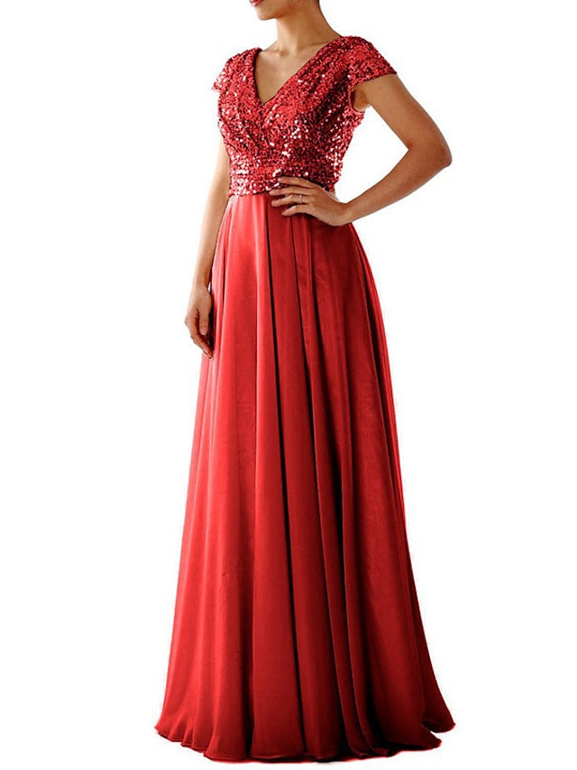 Women's Dress - Swing Dress Maxi long Dress Party Dress Light Blue Short Sleeve Pure Color V Neck Sequins Chiffon Evening Dress Ruched Patchwork Spring Summer Personalized Stylish Elegant Luxurious