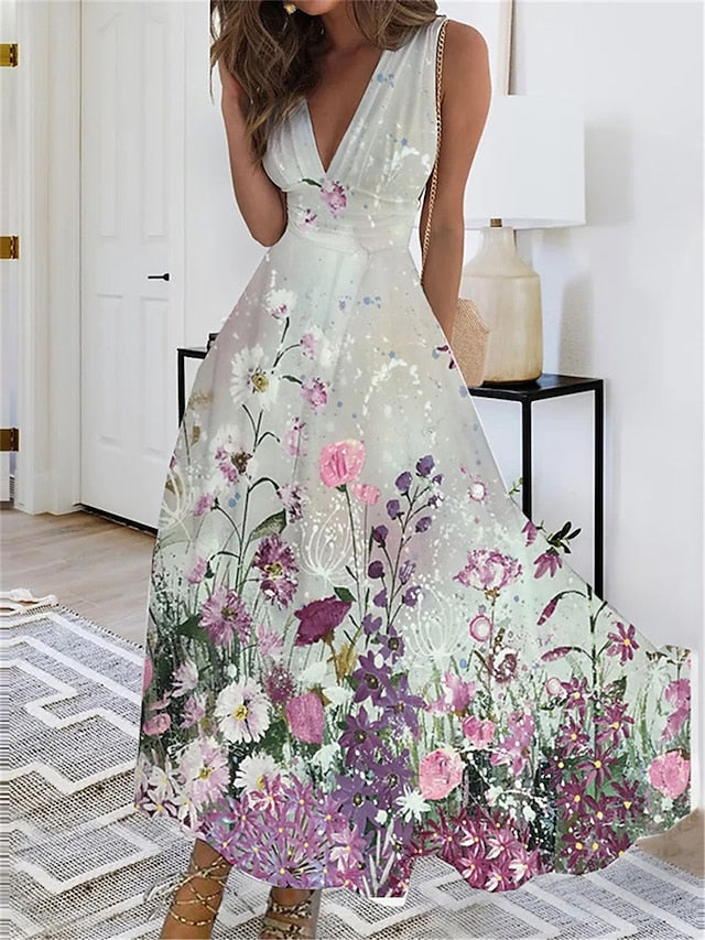 Women's Dress - Long Dress Maxi Dress Casual Dress Swing Dress A Line Dress Floral Butterfly Fashion Streetwear Outdoor Daily Date Print Sleeveless V Neck Dress Regular Fit Black White Yellow Summer Spring S