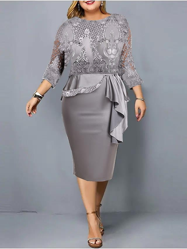 Women's Dress - Plus Size Party Dress Floral Crew Neck Lace 3/4 Length Sleeve Spring Fall Stylish Elegant Mature Midi Dress Formal Party Dress