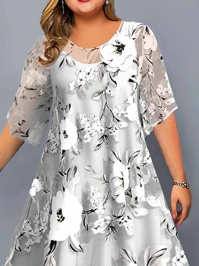Women's Dress - Plus Size Casual Dress Dress Set Chiffon Dress Floral Midi Dress Half Sleeve Print Crew Neck Fashion Daily Gray Summer Spring L XL XXL 3XL 4XL