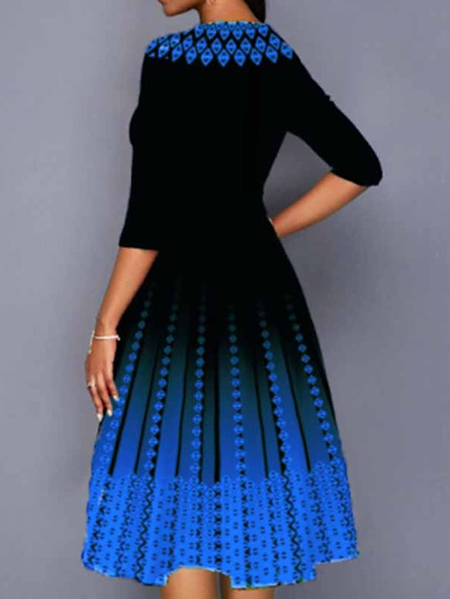 Women's Dress - Work Dress Swing Dress Church Dress Midi Dress Red Royal Blue Blue 3/4 Length Sleeve Print Print Summer Spring Crew Neck Elegant 2023 S M L XL XXL 3XL 4XL 5XL