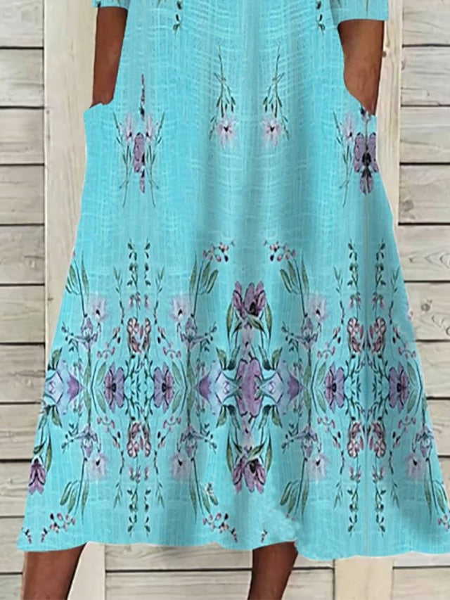 Women's Dress - Casual Dress Ethnic Dress Swing Dress Midi Dress Blue Half Sleeve Floral Ruched Fall Spring Summer V Neck Basic Daily Vacation Loose Fit 2023 S M L XL XXL 3XL