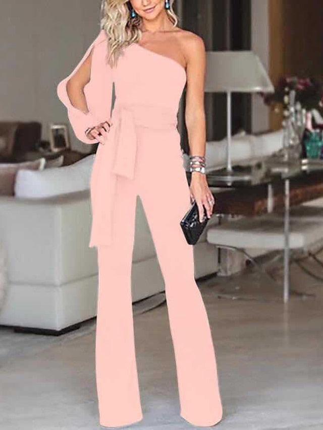 Women's Jumpsuit Clean Fit Split Solid Color Cold Shoulder Elegant Party Prom Regular Fit Long Sleeve Black Blue Pink S M L Fall - LuckyFash™