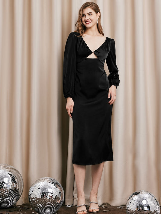 Lantern Sleeve Cut Out Midi Dress