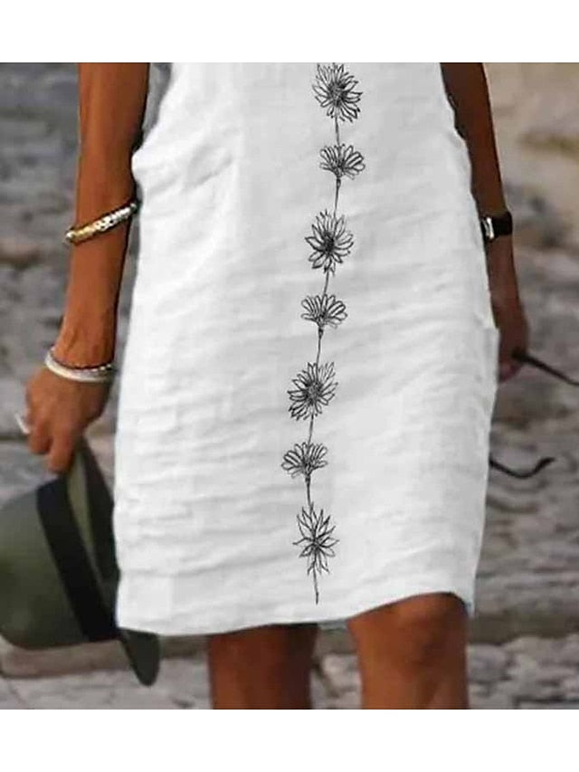 Women's Dress - Cotton Linen Dress Casual Dress Shift Dress Midi Dress Cotton Fashion Modern Outdoor Daily Vacation V Neck Lace Print Short Sleeve Summer Spring 2023 Regular Fit White Green Flower S M L XL
