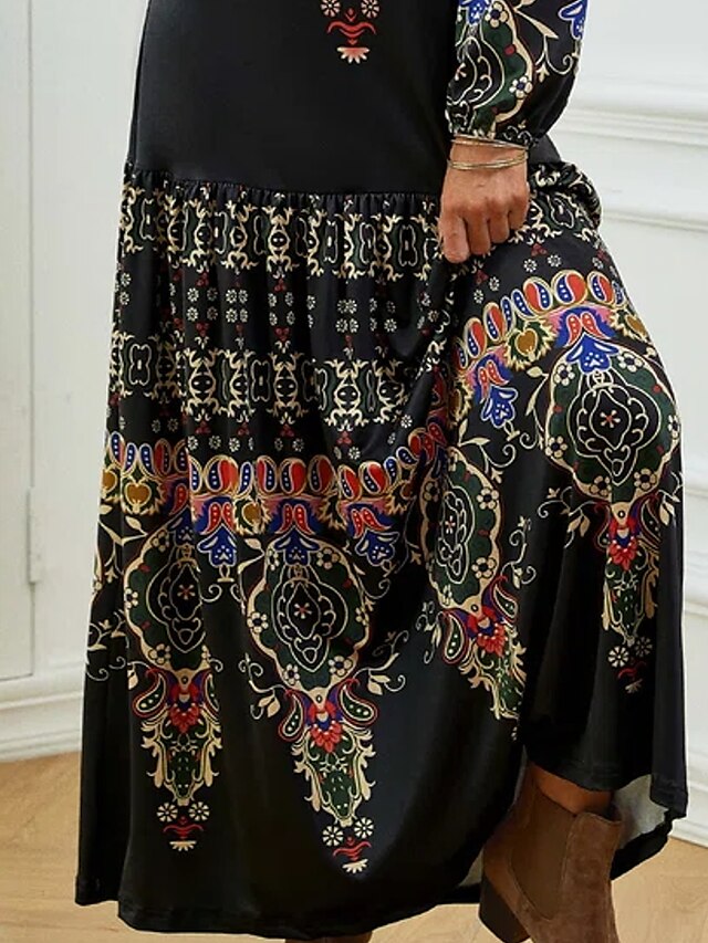 Women's Dress - Casual Dress T Shirt Dress Tee Dress Ethnic Dress Long Dress Maxi Dress Black Long Sleeve Paisley Ruched Winter Fall Spring U Neck Modern Winter Dress Daily Vacation 2023 S M L XL 2XL 3XL