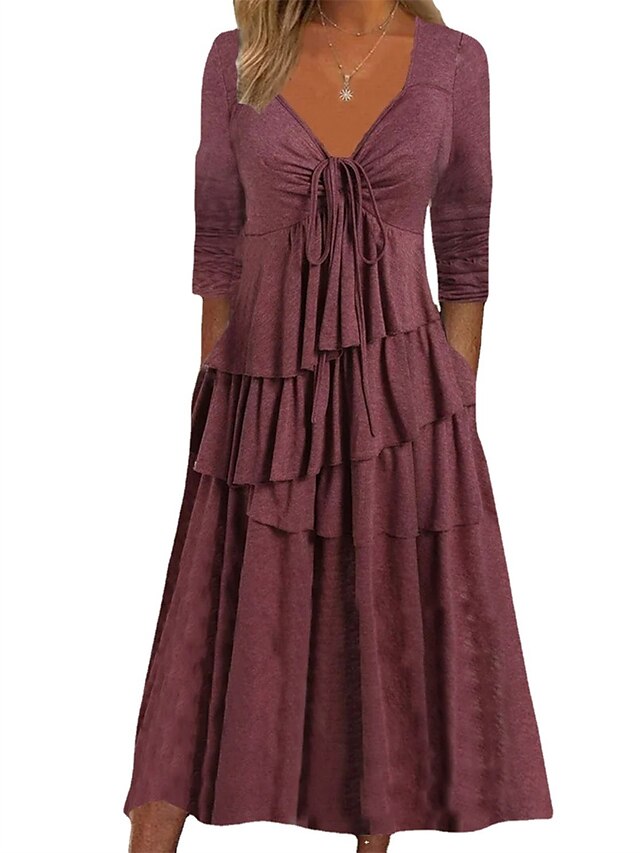 Women's Dress - Casual Dress Summer Dress Loose Dress Plain Ruched Twist V Neck Midi Dress Fashion Basic Outdoor Daily Long Sleeve Loose Fit Light Green Pink Wine Summer Spring S M L XL XXL