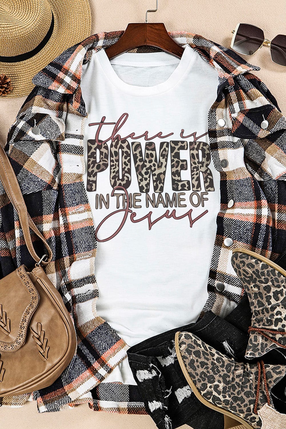 Jesus Power Leopard Print Graphic Tee for Women