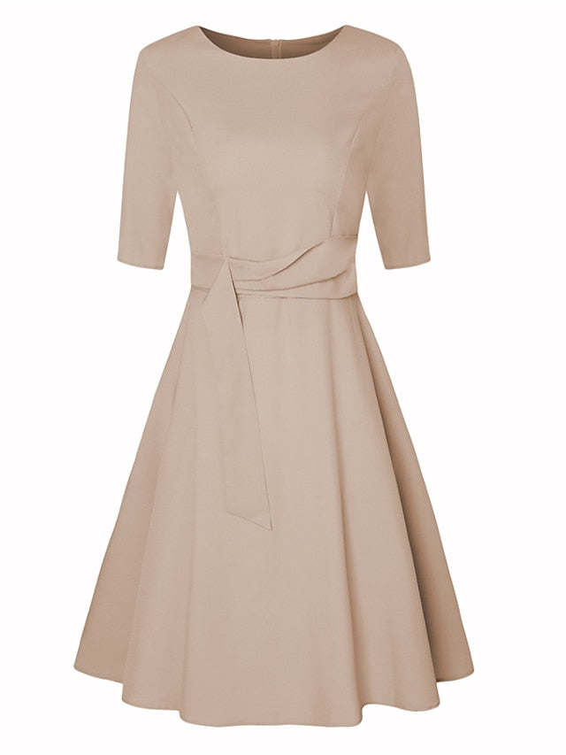 Women's Dress - Wedding Guest Dress Swing Dress A Line Dress Midi Dress Navy Blue Green Beige Half Sleeve Pure Color Lace up Summer Spring Crew Neck Work Party Vacation 2023 S M L XL XXL