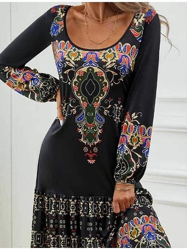 Women's Dress - Casual Dress T Shirt Dress Tee Dress Ethnic Dress Long Dress Maxi Dress Black Long Sleeve Paisley Ruched Winter Fall Spring U Neck Modern Winter Dress Daily Vacation 2023 S M L XL 2XL 3XL
