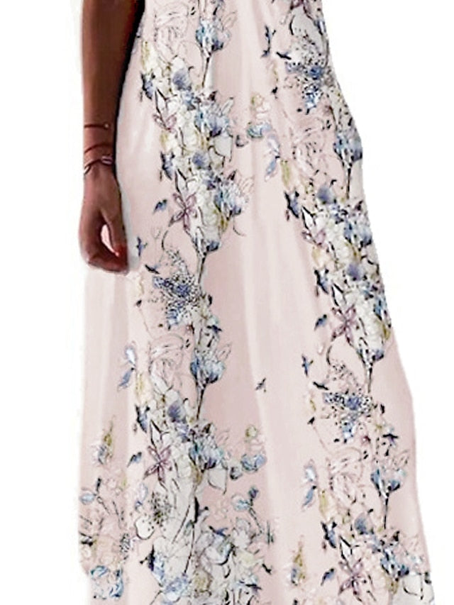 Women's Dress - Casual Dress Swing Dress Long Dress Maxi Dress Beige Short Sleeve Floral Cold Shoulder Spring Summer V Neck Vacation Loose Fit 2023 S M L XL XXL 3XL