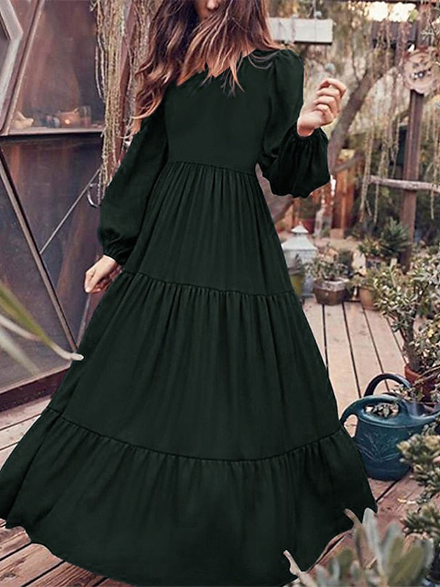 Women's Dress - Swing Dress Long Dress Maxi Dress Dark Green Brown Black Long Sleeve Pure Color Ruched Pleated Patchwork Fall Spring V Neck Boho Casual Fall Dress Lantern Sleeve Loose Fit M L XL XXL XXXL 4XL