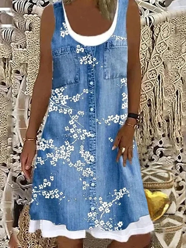 Women's Dress - Denim Dress Casual Dress Mini Dress Blue Dusty Blue Light Blue Sleeveless Floral Patchwork Summer Spring U Neck Fashion Vacation Loose Fit 2023 S M L XL XXL 3XL 4XL 5XL