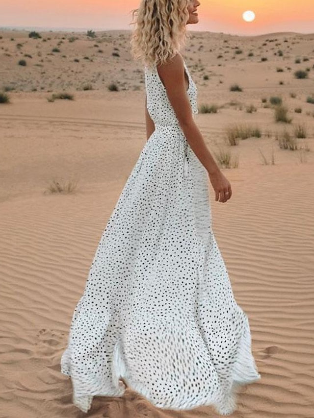 Women's Dress - Casual Dress Swing Dress Boho Dress Long Dress Maxi Dress Light Blue Creamy-white Pink Short Sleeve Polka Dot Print Spring Summer V Neck Slim 2023 S M L XL XXL XXXL