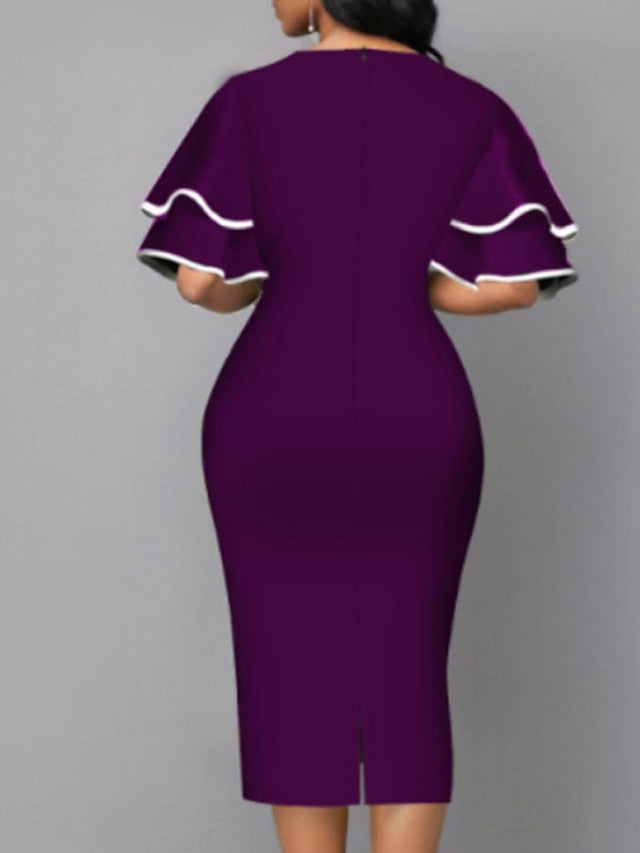 Women's Dress - Bodycon Sheath Dress Modern Dress Midi Dress Yellow Wine Royal Blue Half Sleeve Print Ruffle Summer Spring V Neck Stylish 2023 S M L XL XXL 3XL 4XL 5XL