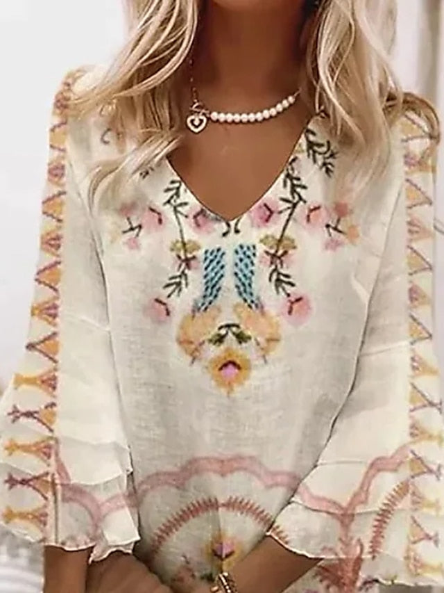 Women's Dress - Casual Dress Mini Dress Beige 3/4 Length Sleeve Floral Ruched Summer Spring V Neck Casual 2023 S M L XL XXL 3XL